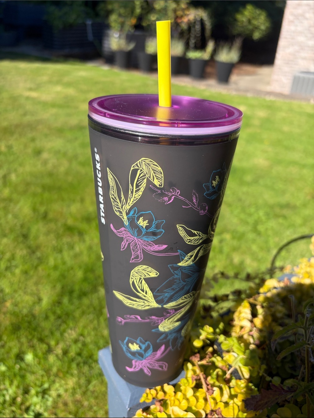 Starbucks Black Floral Travel Tumbler with Purple Lid and Yellow Straw